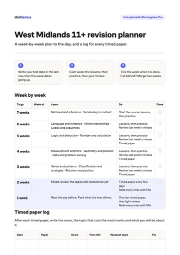 Page one of the West Midlands 11+ revision planner