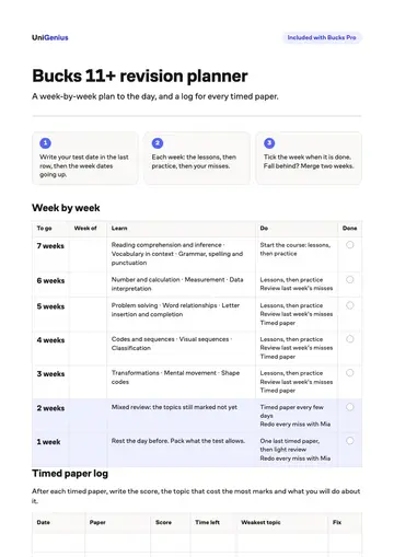 Page one of the Bucks 11+ revision planner