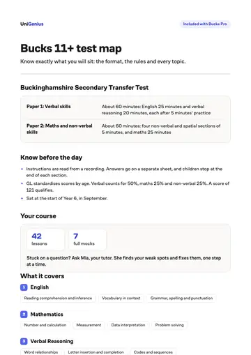 Page one of the Bucks 11+ test map