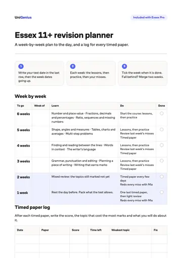 Page one of the Essex 11+ revision planner