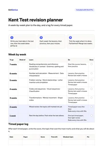 Page one of the Kent Test revision planner