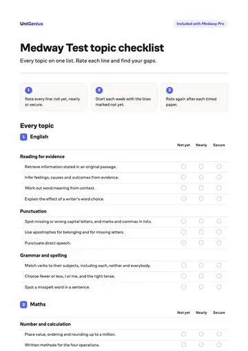 Page one of the Medway Test topic checklist