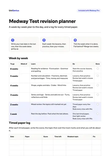 Page one of the Medway Test revision planner