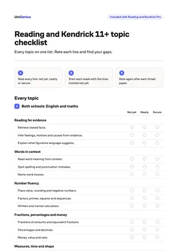 Page one of the Reading and Kendrick 11+ topic checklist