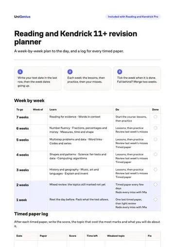 Page one of the Reading and Kendrick 11+ revision planner