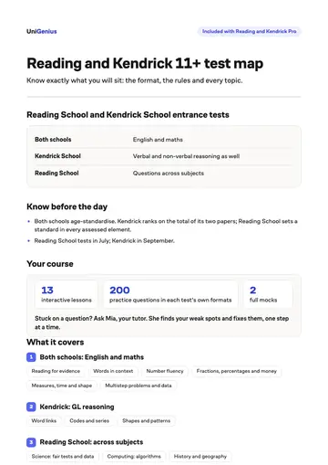 Page one of the Reading and Kendrick 11+ test map
