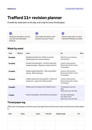 Page one of the Trafford 11+ revision planner